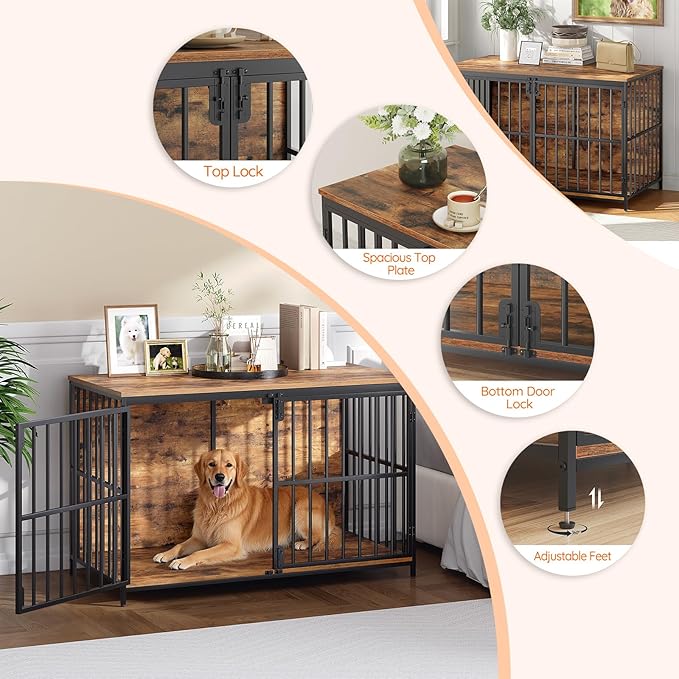 HOOBRO 46.5" Large Dog Crate Furniture, Wooden Dog Kennel Indoor, Heavy Duty Dog Cage for Large/Medium Dog, Decorative Side End Table, Rustic Brown and Black BF120GW03