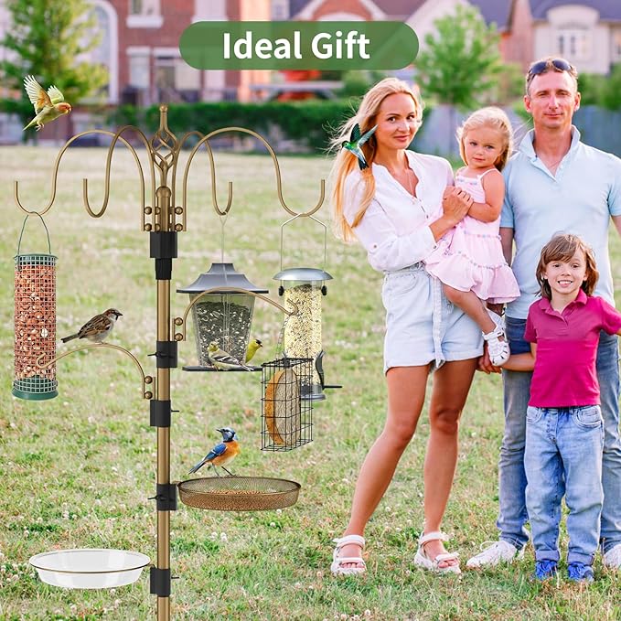 Bird Feeding Station with Multi Feeder Hanging, 4-Hook Bird Feeder Pole with 5 Prong Base, Metal Suet Feeder, Mesh Tray for Attracting Wild Birds and Planter Hanger (Copper 91in)