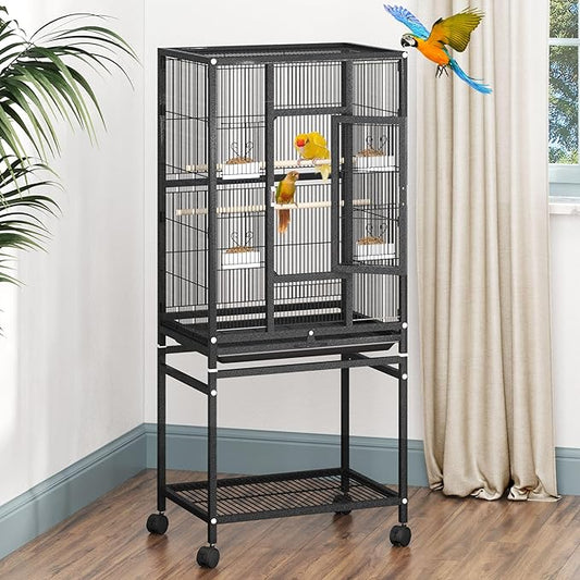 DWVO 53.9-Inch Metal Bird Cage: Large Parrot Cages with Seed Catcher & Cover - Rolling Stand with Brakes for Parakeets, Lovebirds, Cockatiels, Finches and Pigeons, Black