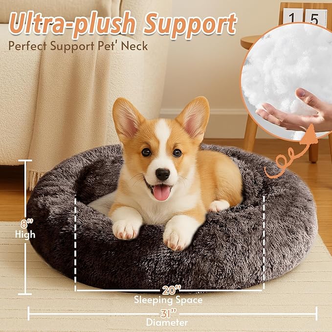 JOLLYVOGUE Medium Calming Dog Bed, Anti-Anxiety Donut Cuddler Cat Bed with Anti-Slip Bottom, Fluffy Faux Fur Machine Washable Pet Cushion for Medium Large Dog & Cat (31")