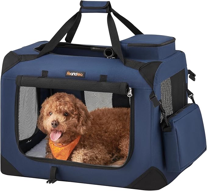 Feandrea 24 Inches Collapsible Soft Dog Crate, Portable Travel Dog Crate for Indoor and Outdoor Use, Dog Carrier Kennel with Safety Zippers, for Living Room, Car, Travelling, Campin, Dark Blue UPDC60Z