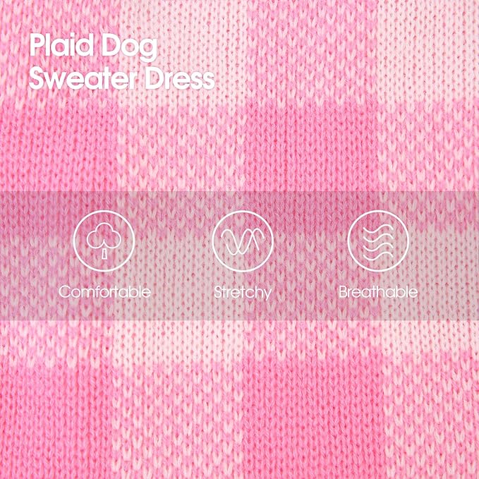Dog Sweater Dress Plaid Knitwear for Small Medium Dogs Warm Puppy Pet Turtleneck Stretch Pullover Cute Fall Winter Vest Clothes with Leash Hole for Christmas (Pink, 2XL)