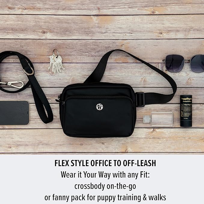 Puppington 3-in-1 Crossbody Dog Walking Bag & Treat Pouch with Matching Planet Safe Poop Bags & Built-In Dispenser - Dog Mom Gift for Puppy Training with Zippered Pockets (Onyx Black)