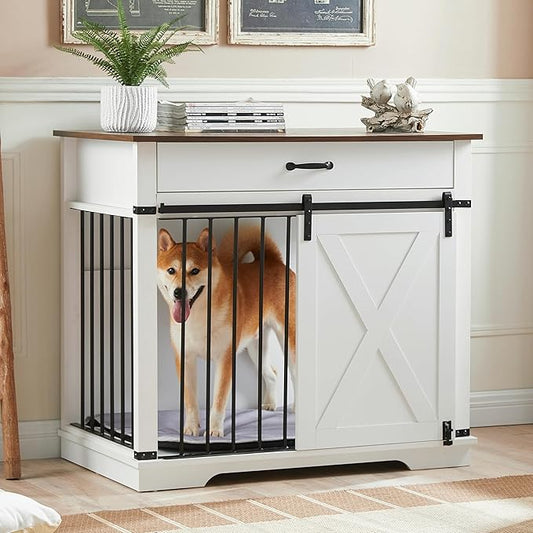 EDYO LIVING 38" Large Dog Crate Furniture with Sliding Barn Door, Wooden Dog Kennel with Drawer for Storage, Water Resistant Indoor Furniture Style Dog Crate for Small/Medium/Large Dog, White