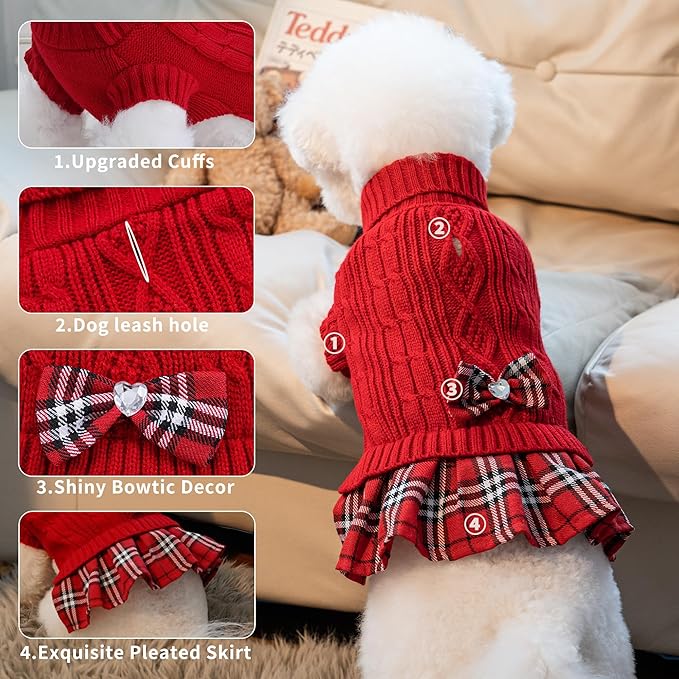 WOYYHO Girl Dog Sweater Dress with Bowtie Turtleneck Small Dogs Sweater with Leash Hole, Knitted Small Dog Sweaters Dress Puppy Winter Clothes for Yorkies Chihuahua (Medium, Red)
