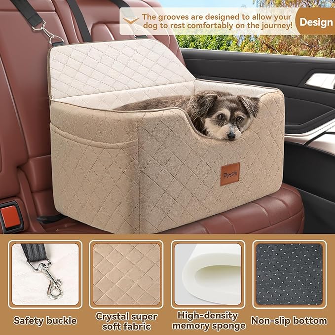Dog Car Seat for Large-Medium Dogs: Pet Car Seat, Detachable Washable Dog Booster Seat, Pet Travel Bed with Storage Pockets and Dogs Safety Belt (Coffee, Large)