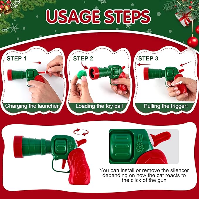 Cat Toy Balls with Launchers Set (2+60), 60 Pom Pom Balls & 2 Ball Launchers, Cat Enrichment Toys, Interactive Cat Toy, Soft & Safe Cat Toys, for Cat