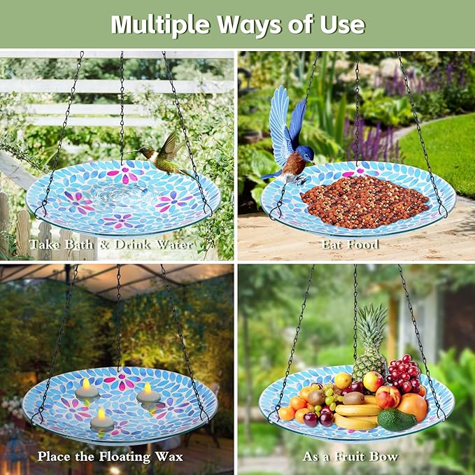 MUMTOP Mosaic Hanging Bird Bath-Bird Baths for Outdoors - 12 Inch Glass Bird Water Bowl Bird Feeders for Outside, Garden, Lawn Yard Decor（Blue）