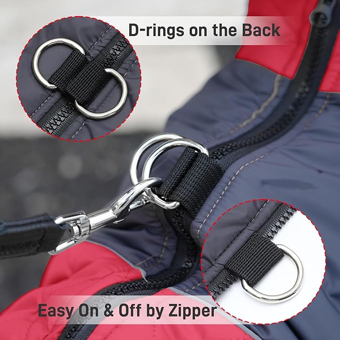Warm Fleece Dog Coats for Medium Dogs,D-Rings Waterproof Puppy Jacket for Cold Winter,Red L