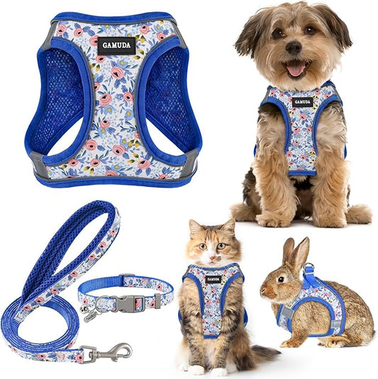 GAMUDA Small Dog Harness Collar and Leash Set, Step in No Chock No Pull Soft Mesh Adjustable Dog Vest Harnesses Plaid Reflective for Dogs Puppy Cats Kitten Rabbit (Blue Flower, S)