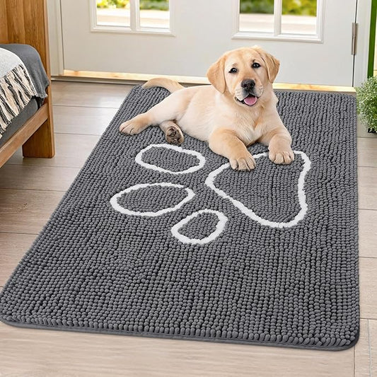 Smiry Dog Door Mat for Muddy Paws, Absorbent Dirt Trapper Non Slip Quick Dry Washable Chenille Mat for Mud Dogs, Entry Rug for Indoor and Outdoor (40x32 Inches, Dark Grey and White)