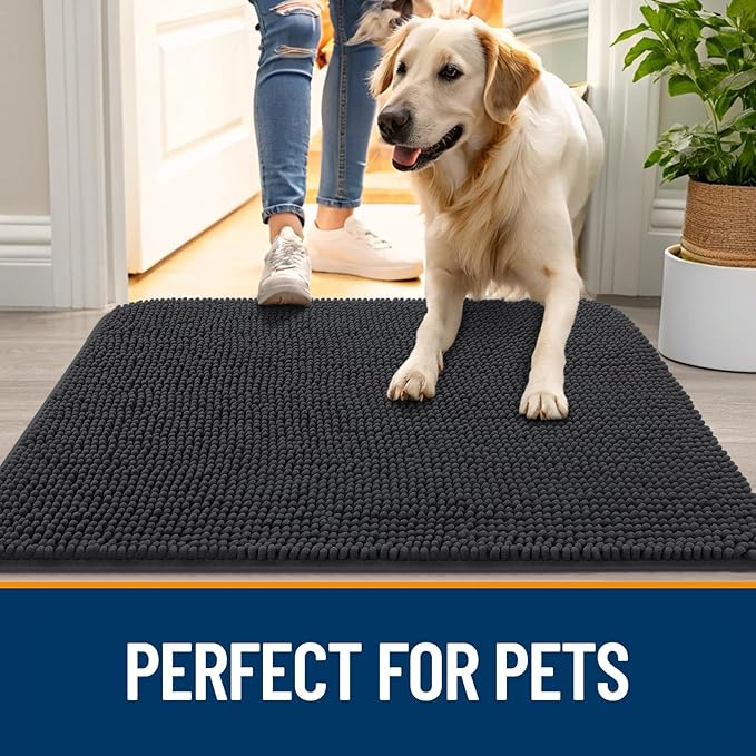 OLANLY Dog Door Mat Set 4-Piece 30x20, Absorbs Moisture and Dirt, Absorbent Non-Slip Washable Doormat, Quick Dry Chenille Mud Mat for Dogs, Entry Indoor Entryway Carpet for Inside Floor, Dark Grey
