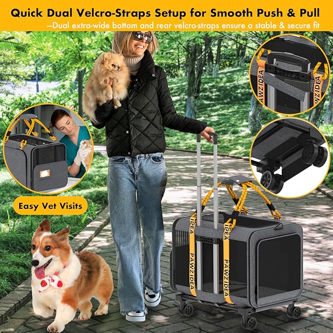 PAWZIDEA Expandable Large Pet Carrier with Wheels, 24x16x16 in Rolling Cat Carrier for 2–4 Cats up 55lb, Soft-Sided Collapsible Small Medium Dog Crate for Car Travel, Telescopic Handle, Storage Pocket
