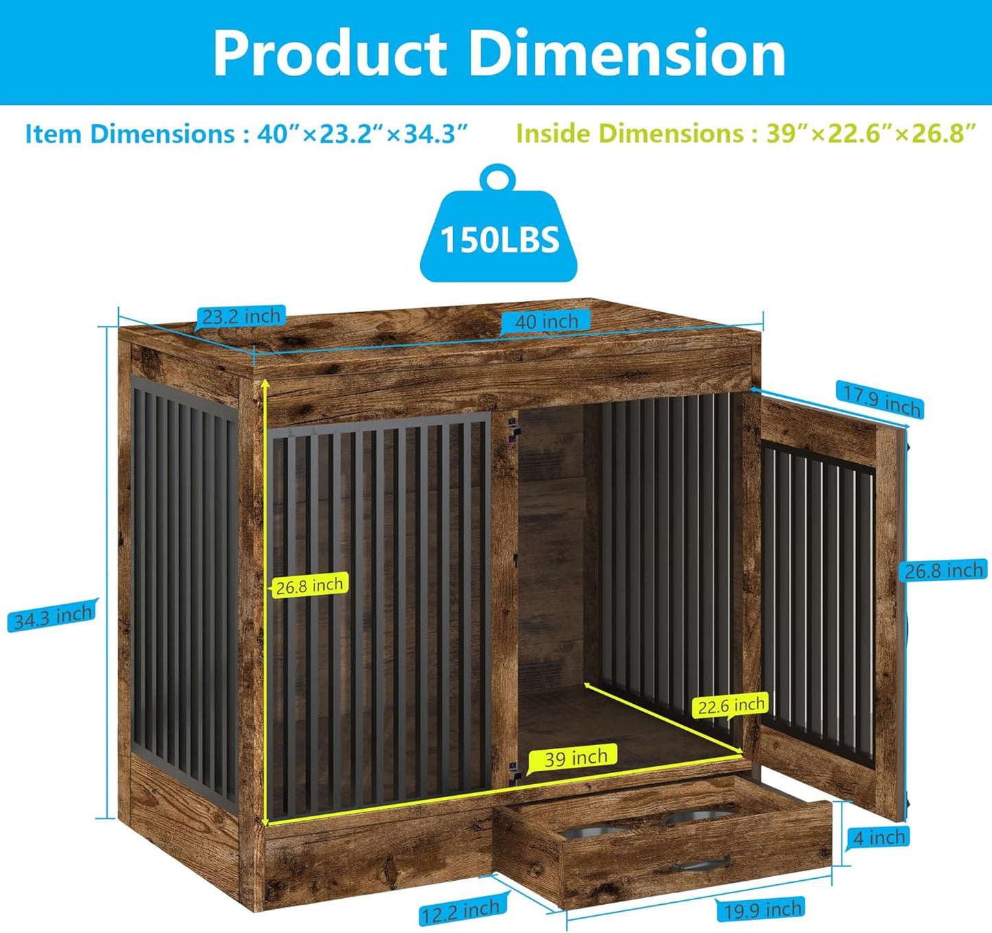 Rustic Brown Heavy Duty Furniture Dog Crate, Wood and Metal Kennel Cage, Pet House End Table with Drawer and Pull-Out Design, Dog Home for Indoor use, Large Size