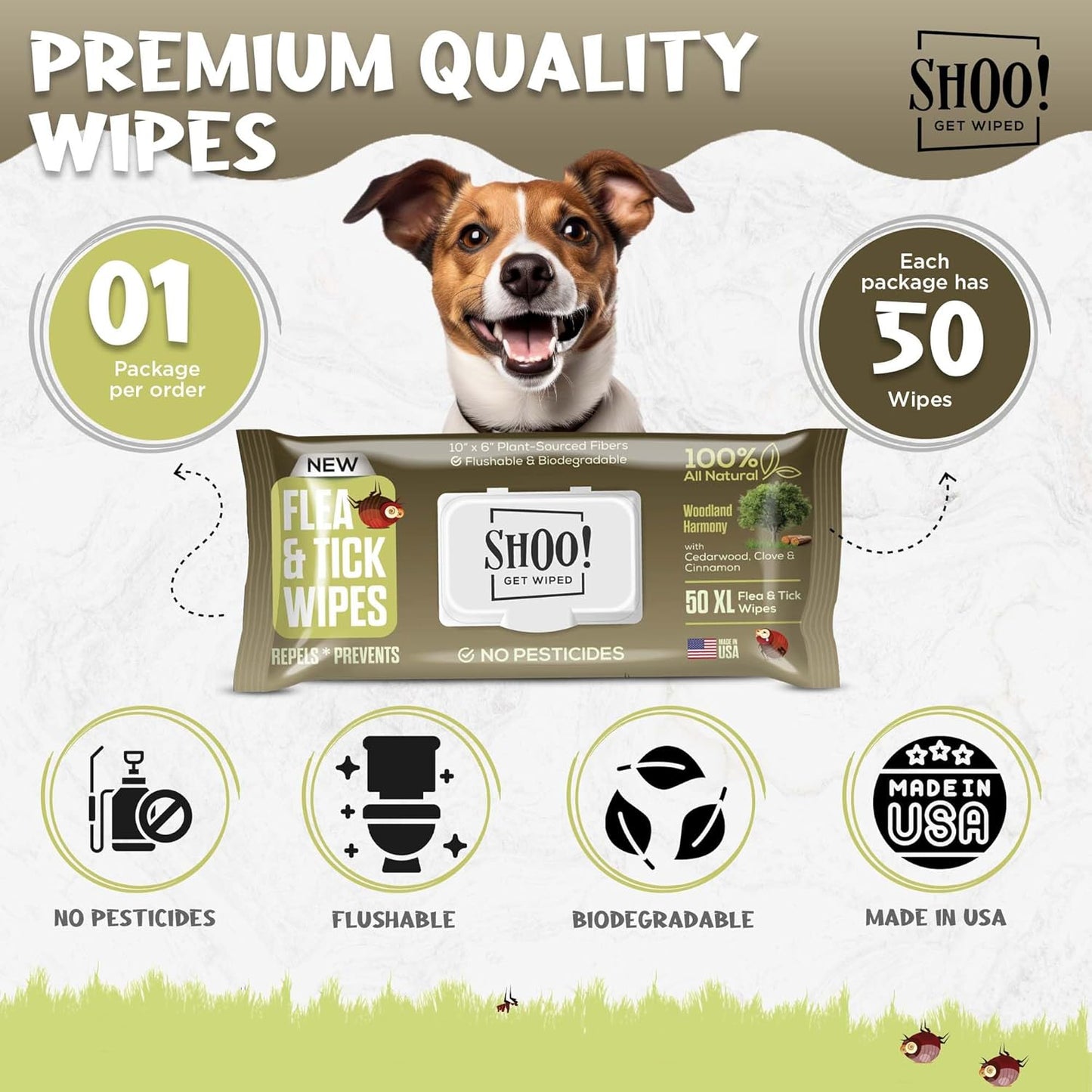 Shoo! Flea & Tick Wipes for Dogs | Convenient, Easy On-The-Go Protection | Plant Based, Natural Oils, Chemical Free | Repels & Prevents | 50 XL Wipes | (Woodland Harmony)