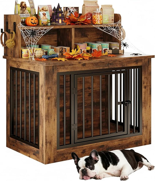 IRONCK Dog Crate Furniture, 33.4 inches Wooden Small Dog Crate with Storage and 4 Hooks, Heavy Duty Pet Crate for Small Dog, Decorative Pet Cage for Indoor (22" L x 33.4" W x 37.4" H)