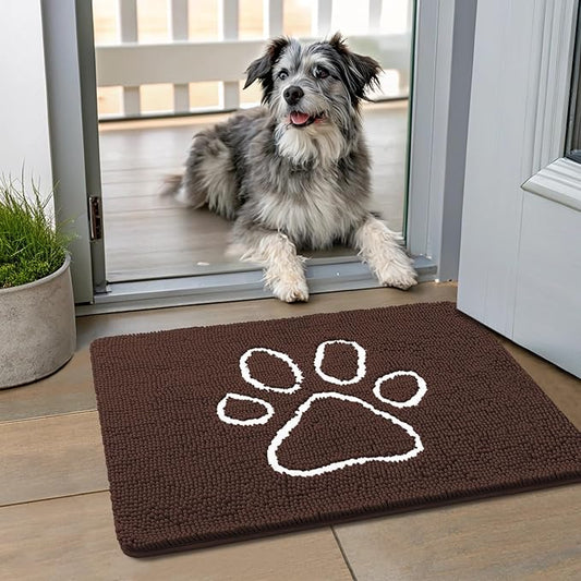 Smiry Dog Door Mat for Muddy Paws, Absorbent Dirt Trapper Non Slip Quick Dry Washable Chenille Mat for Mud Dogs, Entry Rug for Indoor and Outdoor (24x16 Inches, Brown and White)
