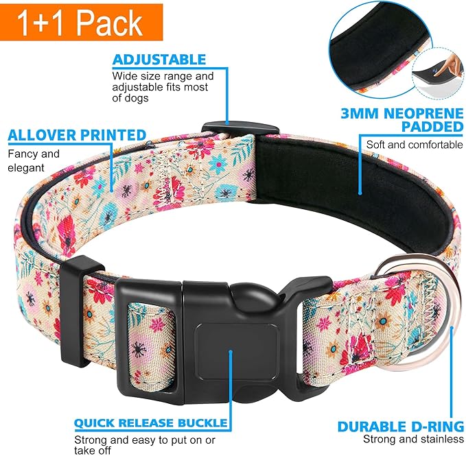 Reflective Dog Collar Padded with Soft Neoprene Breathable Adjustable Nylon Dog Collars for Small Medium Large Dogs (Medium (Pack of 1), Vanila/Pink Floral Collar+Leash)