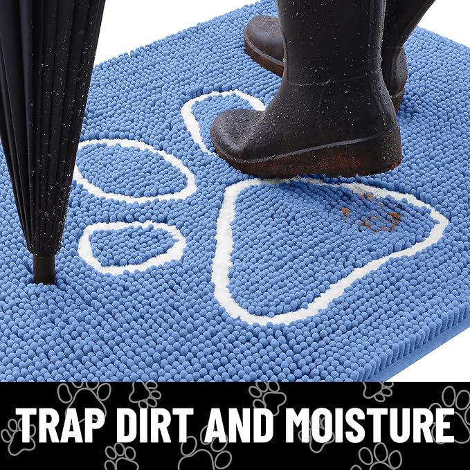 Smiry Dog Door Mat for Muddy Paws, Absorbent Dirt Trapper Non Slip Quick Dry Washable Chenille Mat for Mud Dogs, Entry Rug for Indoor and Outdoor (36x24 Inches, Cornflower Blue)
