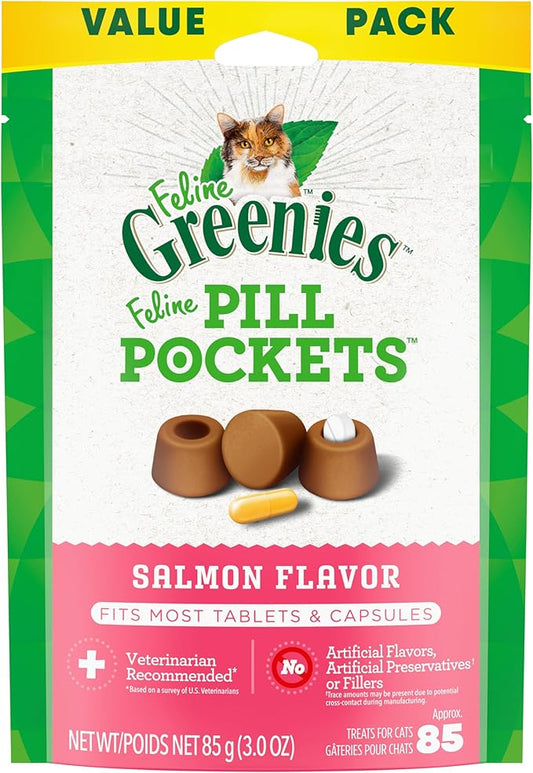 Greenies Feline Pill Pockets for Cats Natural Soft Cat Treats, Salmon Flavor, 3 oz. Pouch (85 Treats)