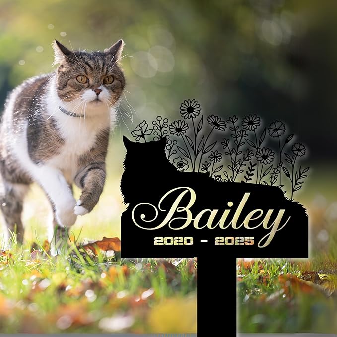 Cat Headstone and Grave Marker – Personalized Outdoor Grave Marker for Pets with Custom Name and Year, Durable Metal Cat Tombstone for Garden Tribute