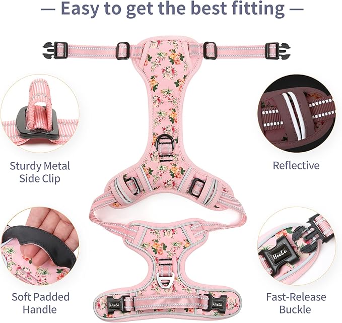 HEELE Dog Harness, No Pull Adjustable Padded Reflective Harness for Small Medium Large Dogs with Handle for Walking Training, Flower-Pink, XL