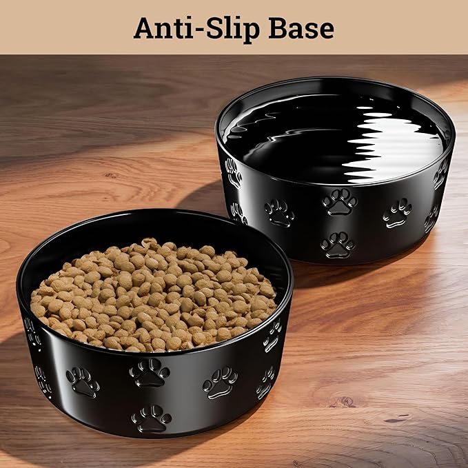 Ceramic Dog Bowl Set of 2 with Anti-Skid Base - 6.5" Wide x 2.5" Tall Ceramic Dog Bowls Medium Sized Dogs - 3.8 Cup Capacity Food and Water Bowls for Dogs - Rubber Bottom Pet Bowl Set of 2 Medium Size