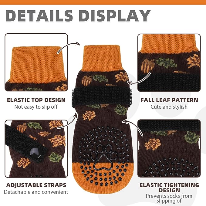 KOOLTAIL Thanksgiving Anti Slip Dog Socks for Hot/Cold Pavement to Prevent Licking Paws, Fall Dog Boots&Paw Protector with Grippers for Hardwood Floors, Traction Booties for Small Medium Large Dogs, L