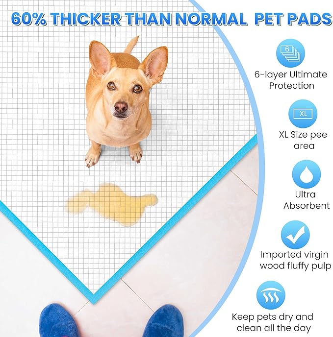 Boscute Thicken 6 Layers Heavy Absorbent XL 36"x24" Pet Training Dog Pee Pads, Extra Large Polymer Leak-Proof Quick Dry Puppy Pee Pads, Disposable Pee Pads for Dogs Cats Rabbit, 150 Counts