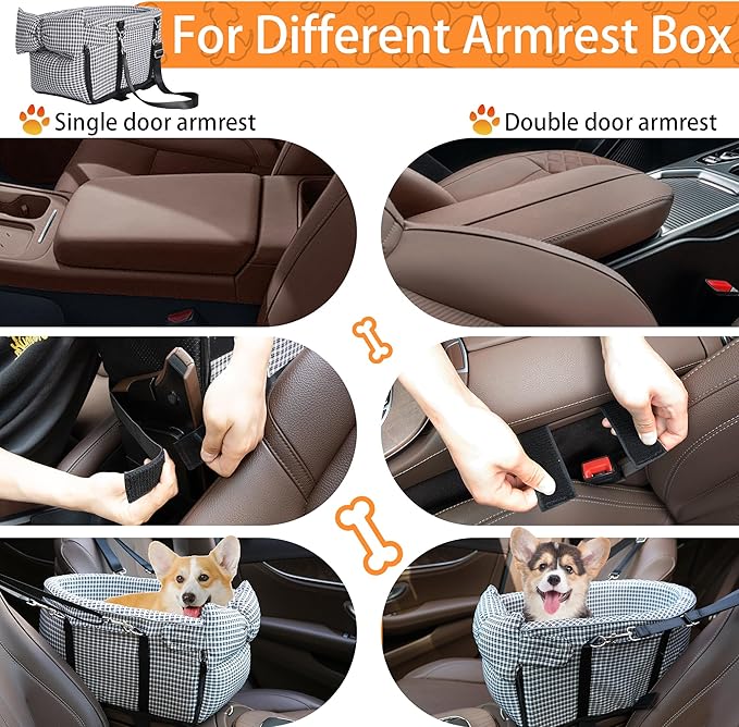 Center Console Dog Car Seat Dog Bed for Car Console Portable Armrest Booster Seat Carrier for Small Medium Dogs Anti-Collapse for Puppy Pet Up to 15 Lbs（Grid Black）