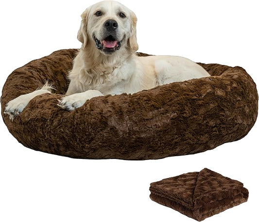 Best Friends by Sheri Bundle Set The Original Calming Lux Donut Cuddler Cat and Dog Bed + Pet Throw Blanket, Dark Chocolate, Large, 36x36