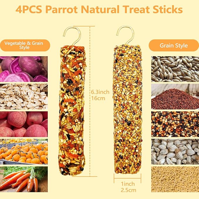 4PCS Parakeet Treat,Natural Parrots Treat Sticks,Vegetable & Grain Style Sticks,Bird Treats for Cockatiel Lovebirds Budgies Myna Canary Finches Conure