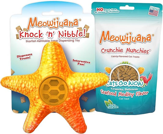 Meowijuana Knock N' Nibble Starfish & Seafood Treat Bundle | Crunchie Munchie Catnip Treats | Refillable Treat Dispensing Toy | Interactive Puzzle Toy for Felines
