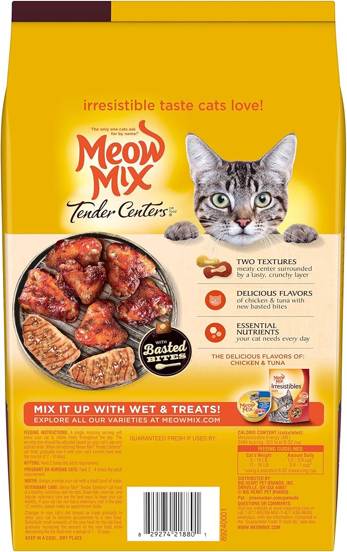 Meow Mix Tender Centers Basted Bites Dry Cat Food, Chicken & Tuna Flavor, 3 Pound (Pack of 4) + Tender Favorites Wet Cat Food Surf 'N Turf Variety Pack, 2.75 Ounce (Pack of 48) Bundle
