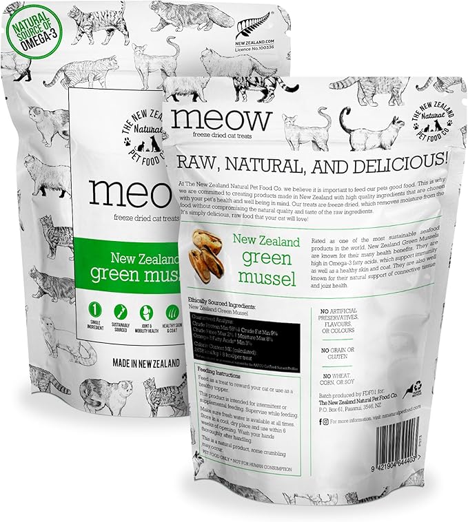 Meow Freeze Dried Cat Treats - New Zealand Green Mussel, High Protein, Healthy Cat Snacks and Toppers, All Natural for All Life Stages, 1.76 oz