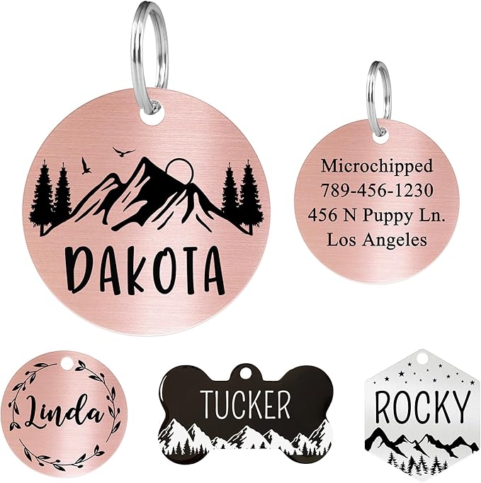 Ultra Joys Stainless Steel Pet ID Tag - Personalized Front and Back Engraving, Customized Dog and Cat Tags, Optional Engraved on Both Sides, Round Mountain Top, Rose Large
