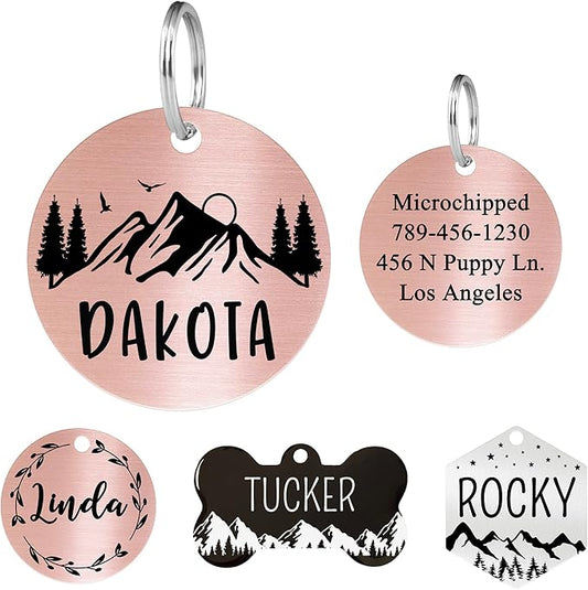 Ultra Joys Stainless Steel Pet ID Tag - Personalized Front and Back Engraving, Customized Dog and Cat Tags, Optional Engraved on Both Sides, Round Mountain Top, Rose Large