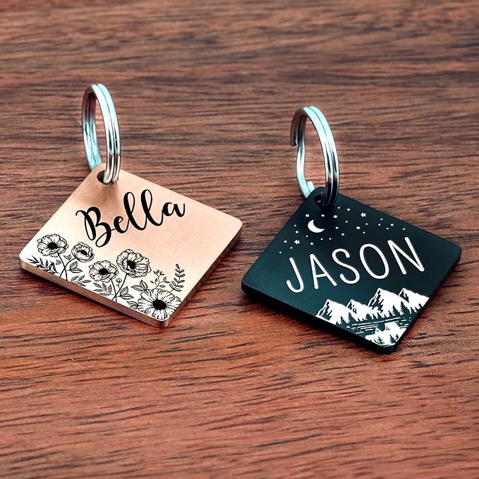 Ultra Joys Stainless Steel Pet ID Tag - Custom Dog & Cat Tags, Personalized Front & Back Engraving, Diamond Tag Vine Flower Design, Black, Large