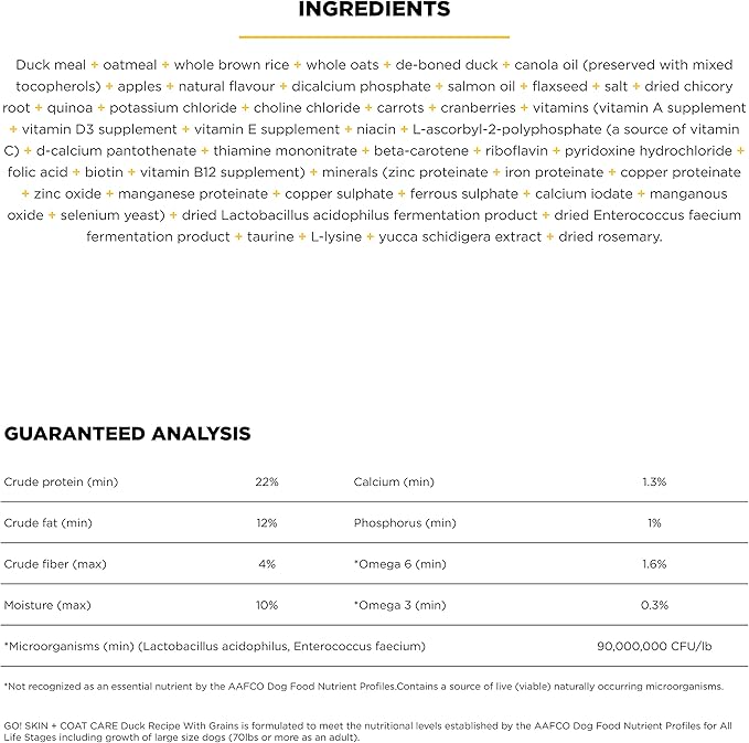 Go! Solutions Skin + Coat Care, Dry Dog Food, Duck Recipe with Grains, 3.5 lb Bag