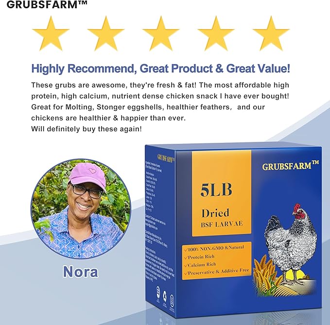 Superior to Dried Mealworms for Chickens 5lb - 85X More Calcium Than Mealworms - Non-GMO Chicken Feed - Molting Supplement - BSFL Treats for Hens, Ducks, Turkeys, Wild Birds, Quails