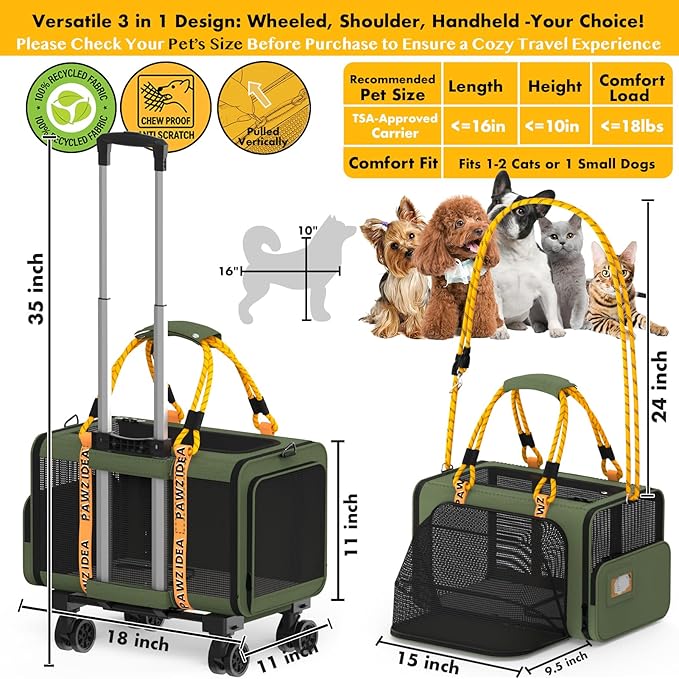 PAWZIDEA Expandable Pet Carrier with Wheels, 18"X11"X11" TSA Airline Approved Cat Carrier for 2 Cats Under Seat, Foldable Soft-Sided Dog Carrier for Small Dogs Rolling Travel Bag, Max Weight 18 lbs