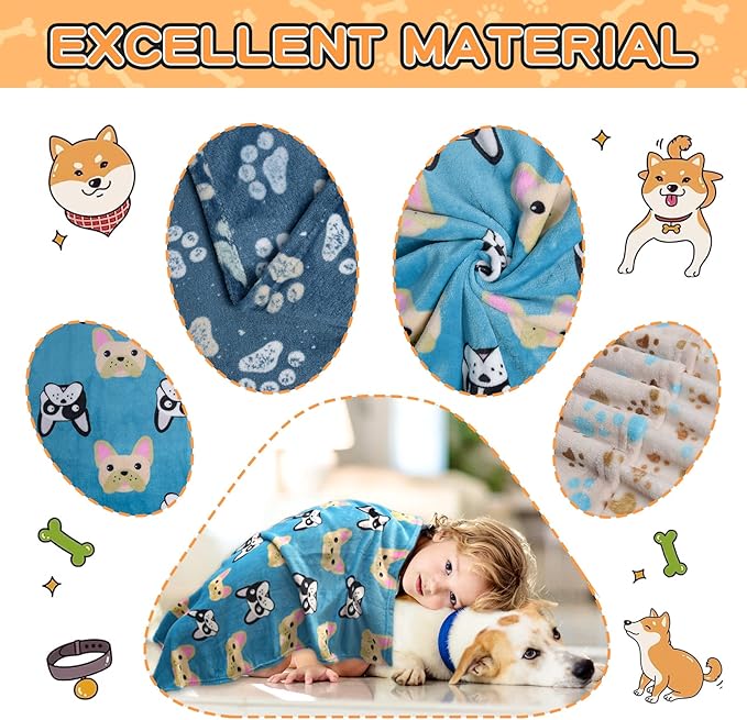 Rezutan Dog Blanket for Medium Dogs, 1 Pack 3 Premium Soft Cat Puppy Blankets, 30x20 inch, Flannel Cute Paw Print for Small Kitten Kennel Crate Bed, Blue/Beige/Navy Blue