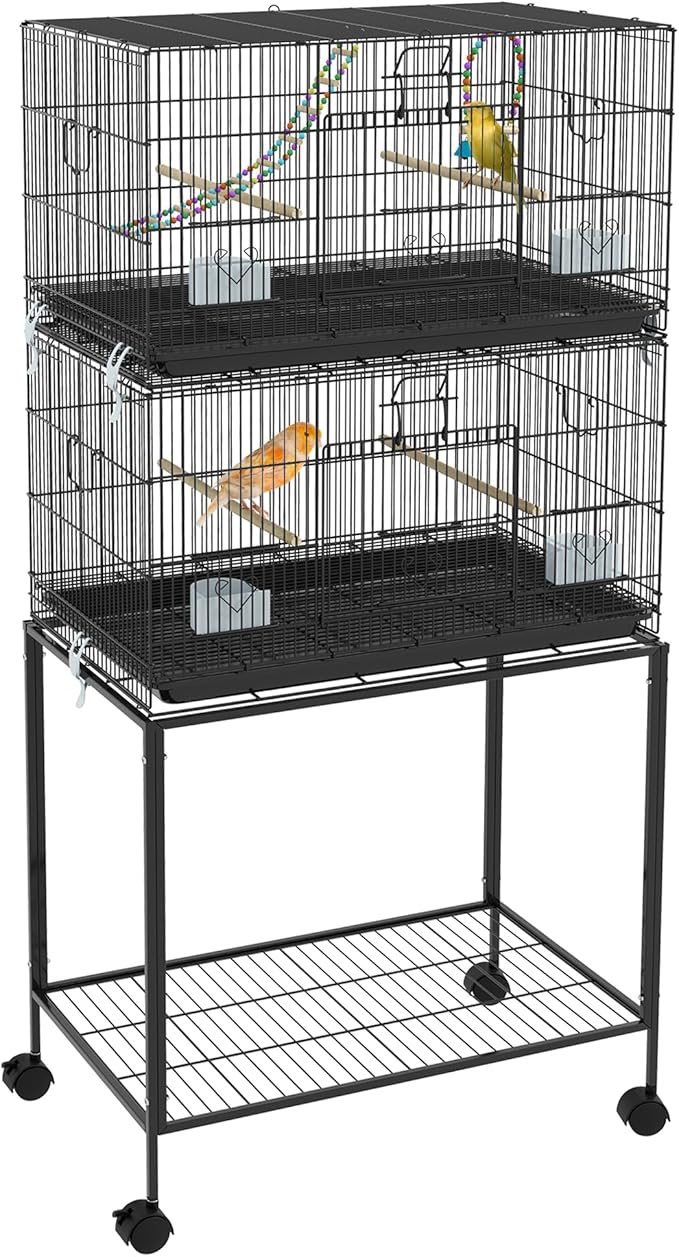 PawHut Double Stackable Bird Cage with Stand, Wooden Swing, Rope Ladder & Wheels for Canaries, Lovebirds Finches, Budgie Cage with Storage Shelf, Removable Tray, Wooden Perches & Food Containers