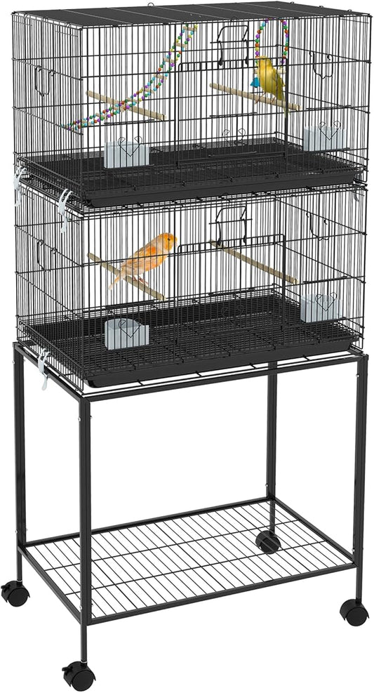 PawHut Double Stackable Bird Cage with Stand, Wooden Swing, Rope Ladder & Wheels for Canaries, Lovebirds Finches, Budgie Cage with Storage Shelf, Removable Tray, Wooden Perches & Food Containers