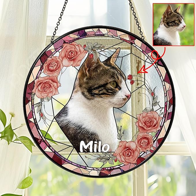 NAZENTI Personalized Cat Memorial Suncatcher, Sympathy Gift for Loss of Pet, Cat Remembrance Gift, Stained Glass Suncatcher, Custom Portrait Photo and Name, Pet Memorial Ornament Window Hanging 1