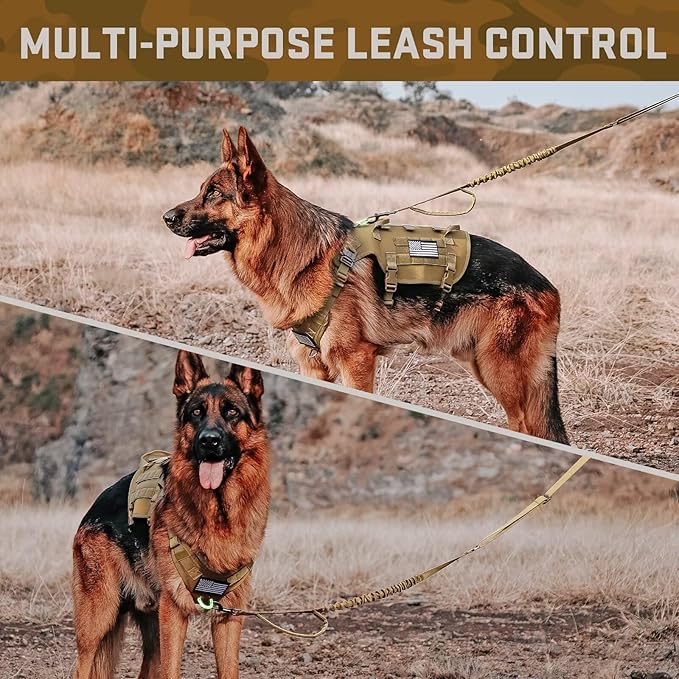 Forestpaw Tactical Dog Harness for Large Dogs,Tactical Dog Collar with Bungee Leash Set,No Pull Military Dog Harness for Walking Training,Adjustable for Medium Large Dogs,Khaki,Chest 19.5-41.5"