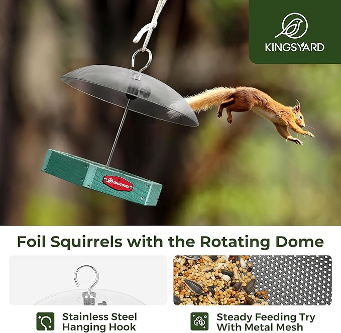 Kingsyard Large Platform Bird Feeder Outdoor Hanging, Adjustable Dome Squirrel Proof Rain Cover, Metal Mesh Tray Recycled Plastic Wild Bird Seed Feeding Station, Green
