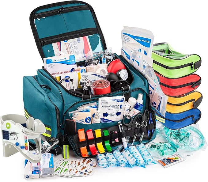 Scherber Fully-Stocked First Responder Professional Advanced EMT/EMS Trauma Kit | HSA/FSA Approved | Reflective Bag w/10+ Compartments, Zippered Pockets & 250+ First Aid Supplies (Blue)