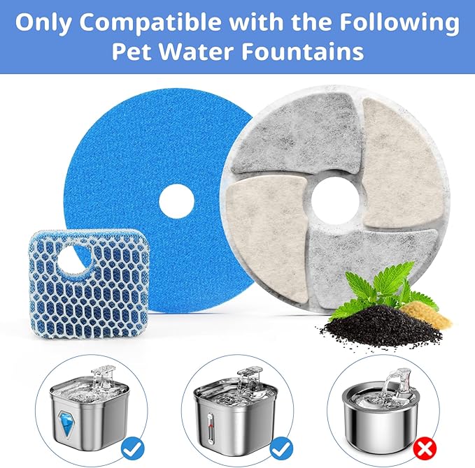 Cat Pet Water Fountain Filters, 10 Pack Replacement Filters Fit for Square 2.2L/73oz Automatic Pet Fountain, Diameter 4.1 Inch Filter with Triple Filtration System (10+10+10)