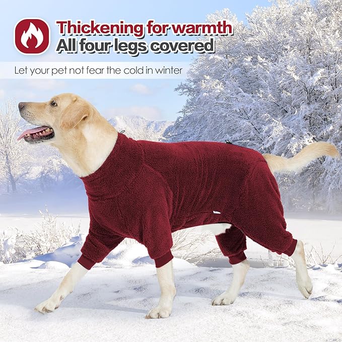 Winter Coat - Warm Fleece Dog Jacket, Windproof Pullover Jumpsuit, Full Body Pajamas Onesie for Medium Large Dogs (2XL, Red)